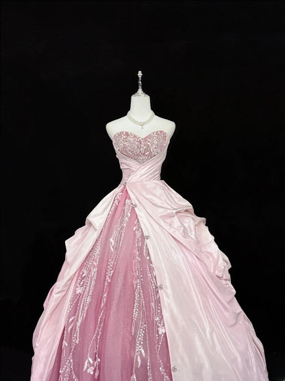Fairytale Prom Dresses Ball Gown Sweetheart Pink With Beading Tulle Evening Long Formal Dress RB7388