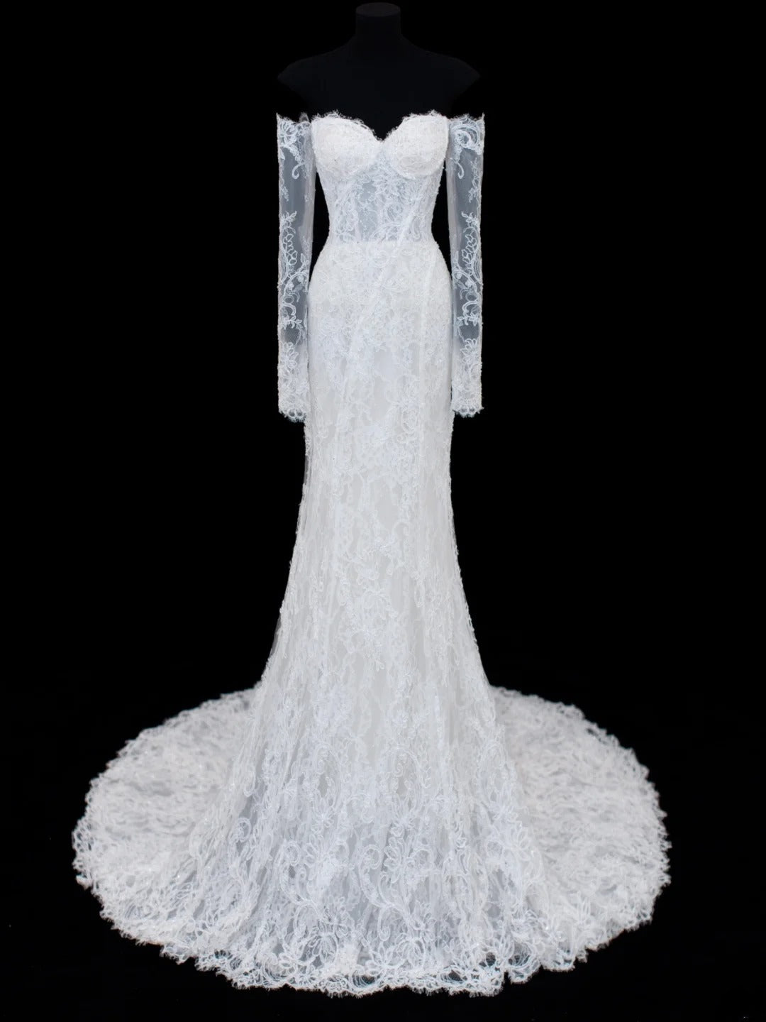 Elegante, schlichte Brautkleider im Meerjungfrauenstil mit schulterfreiem Schnitt, langen Ärmeln und Spitze, auch in kleinen und großen Größen erhältlich (SA015)