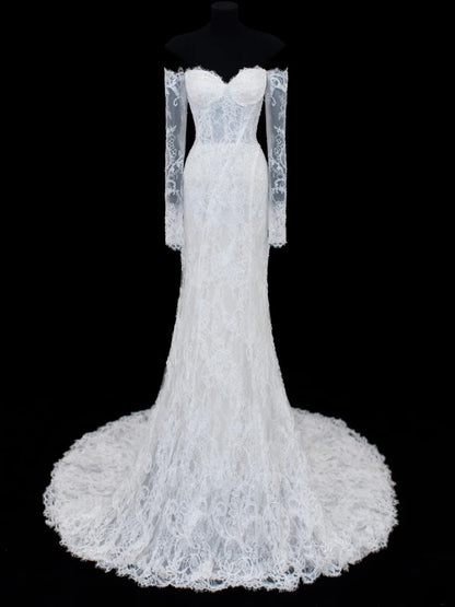 Elegante, schlichte Brautkleider im Meerjungfrauenstil mit schulterfreiem Schnitt, langen Ärmeln und Spitze, auch in kleinen und großen Größen erhältlich (SA015)