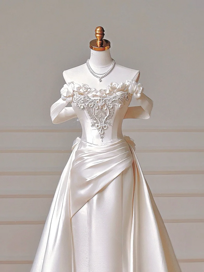Romantic Long Wedding Dresses Mermaid Off The Shoulder Satin Pleated Wedding Dress Style For Brides Fitted With Sleeves Bridal Gowns AQ015