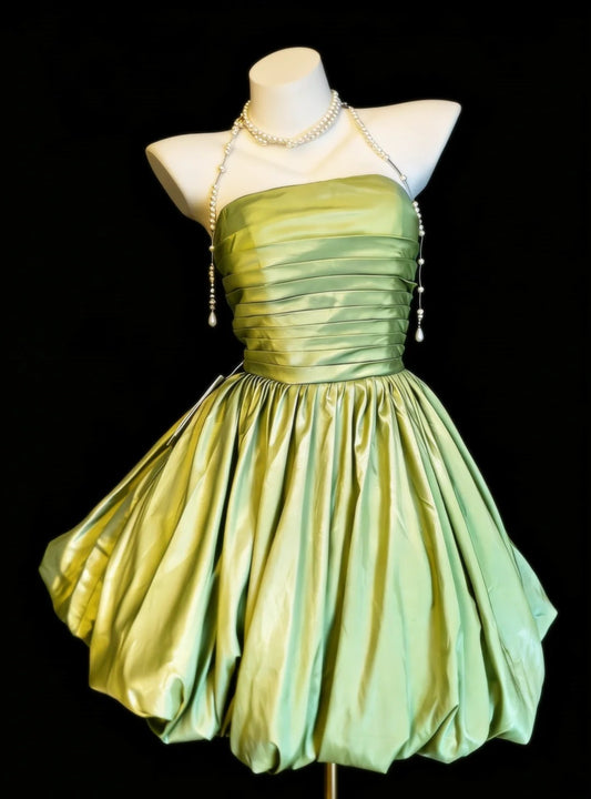 Vintage Ball Gown Strapless Green Satin Hoco Gowns Short 16th Birthday Dress Homecoming Dresses Cocktail Gown AS015