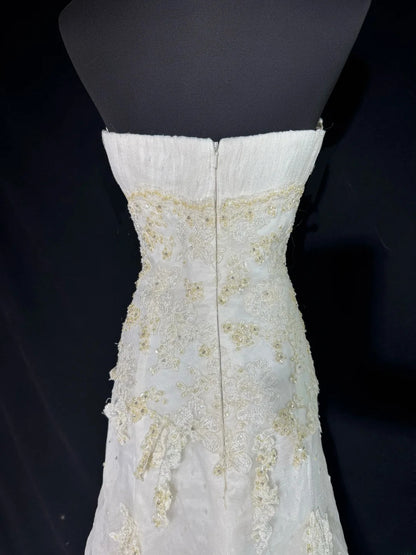 Robe de mariée bustier taille basse années 40/50, coupe sirène, dentelle et tulle ornés d'appliqués, blanche, tailles petites et grandes, AS015