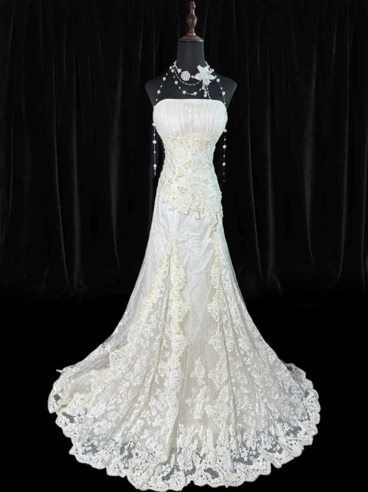 Wedding Dresses Strapless Drop Waist 1950s 1940s Mermaid Strapless Lace Tulle With Appliques White Petite/Plus Size Bridal Gown For Women AS015