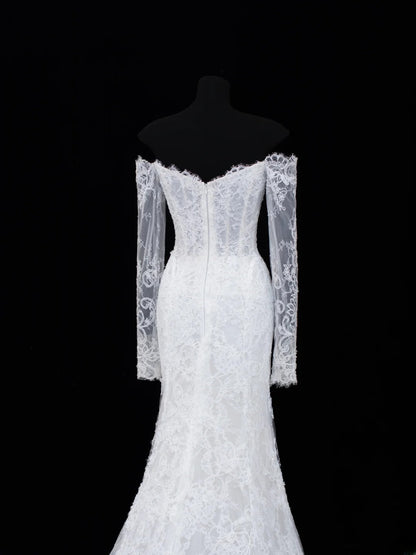 Elegante, schlichte Brautkleider im Meerjungfrauenstil mit schulterfreiem Schnitt, langen Ärmeln und Spitze, auch in kleinen und großen Größen erhältlich (SA015)
