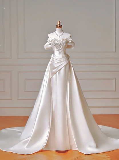Romantic Long Wedding Dresses Mermaid Off The Shoulder Satin Pleated Wedding Dress Style For Brides Fitted With Sleeves Bridal Gowns AQ015
