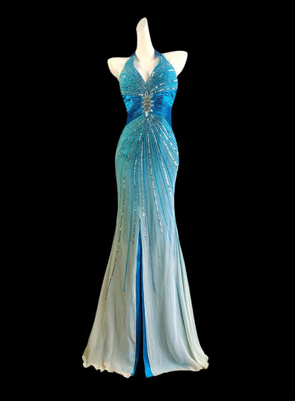 Robe de bal longue sans manches, bleu marine, dos nu, fendue, ornée de perles, style sirène, idéale pour les fêtes de fin d'études secondaires (AS016)