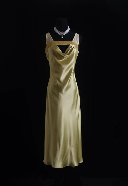 Vintage Prom Dresses 90s Formal Mermaid V Neck Green Silk Satin Mid Length Party Gowns Prom Dresses AS016