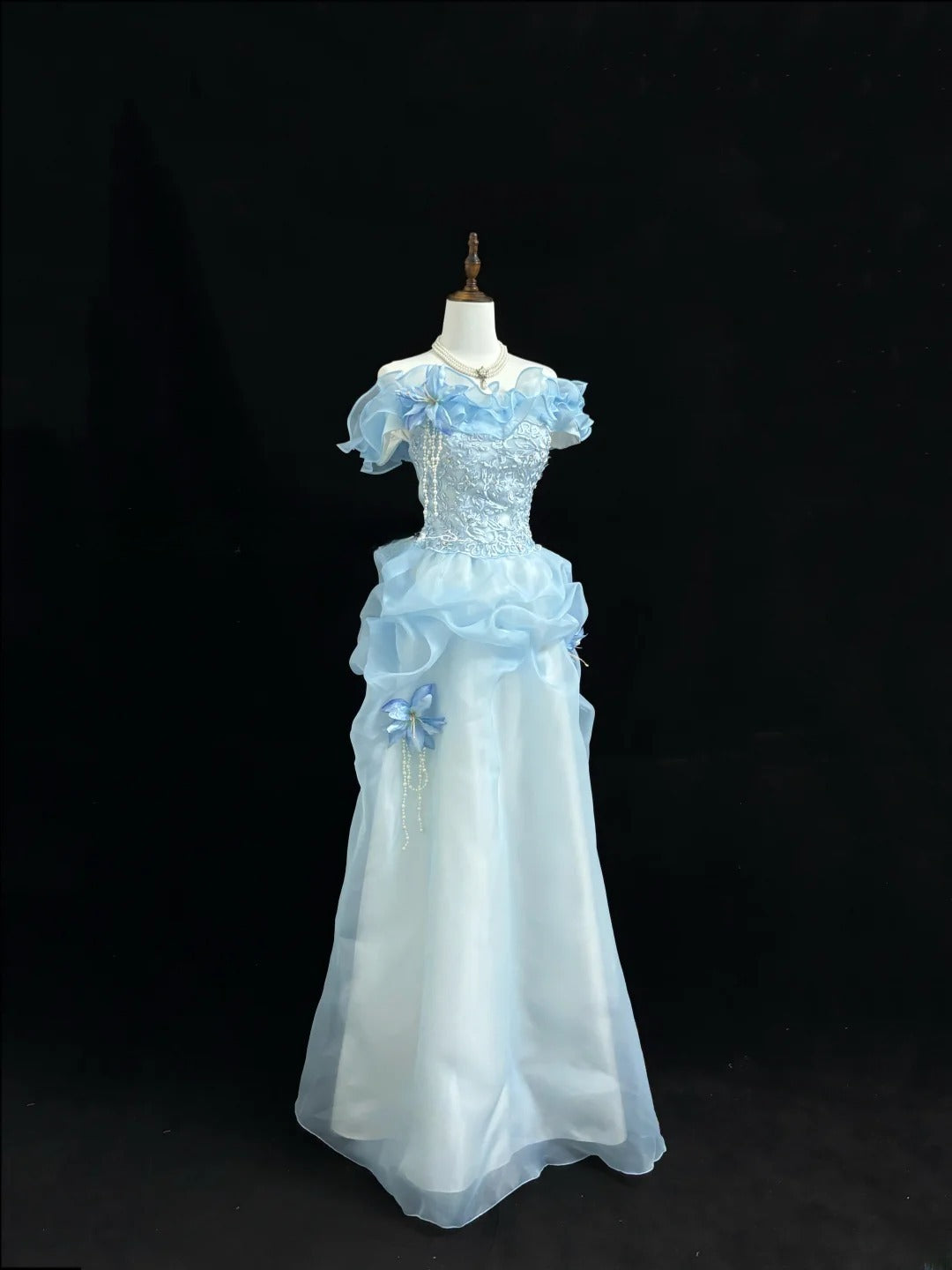 Fairytale Prom Dresses Ball Gown Off The Shoulder Blue With Lace Organza Evening Long Formal Dress RB7390