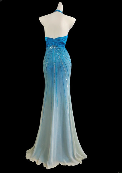 Robe de bal longue sans manches, bleu marine, dos nu, fendue, ornée de perles, style sirène, idéale pour les fêtes de fin d'études secondaires (AS016)