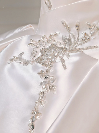 Princess Long Wedding Gowns Ball Gown Sweetheart Pleated Satin for Bride With Beads White Bridal Dress AQ016