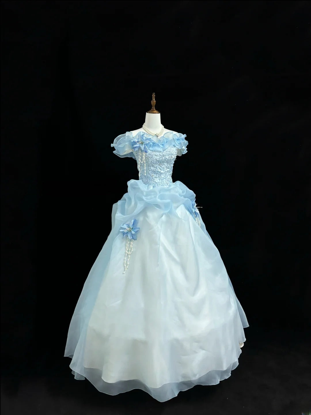 Fairytale Prom Dresses Ball Gown Off The Shoulder Blue With Lace Organza Evening Long Formal Dress RB7390