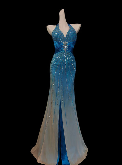 Robe de bal longue sans manches, bleu marine, dos nu, fendue, ornée de perles, style sirène, idéale pour les fêtes de fin d'études secondaires (AS016)