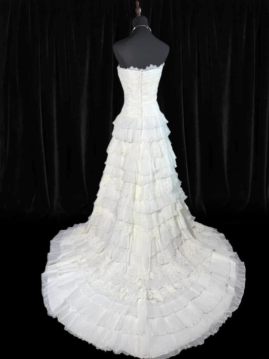 Vintage Wedding Gowns 1960s Dresses Simple A Line Strapless for Bride With Buttons Train White Petite/Plus Size Bridal Gown AS016