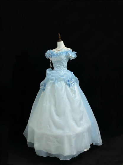Fairytale Prom Dresses Ball Gown Off The Shoulder Blue With Lace Organza Evening Long Formal Dress RB7390