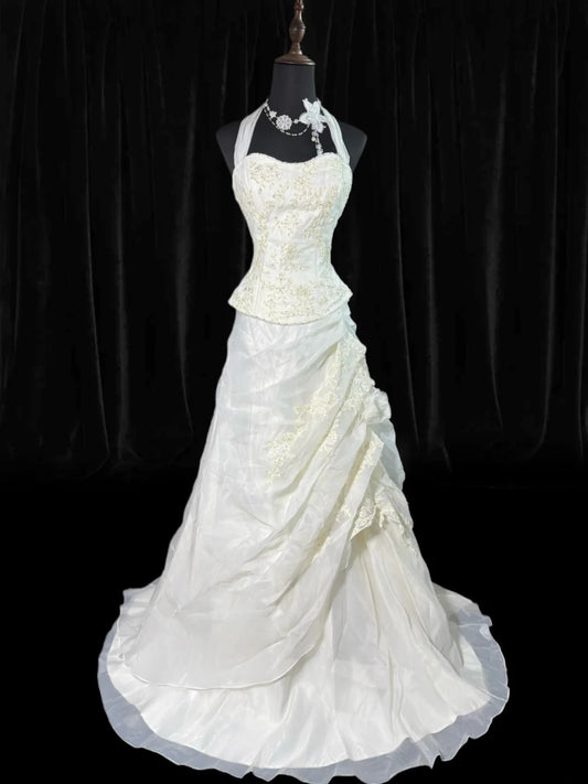 Wedding Dresses Strapless Drop Waist 1950s 1940s 2 Pieces Ball Gown Halter Tulle With Appliques White Petite/Plus Size Bridal Gown For Women AS017
