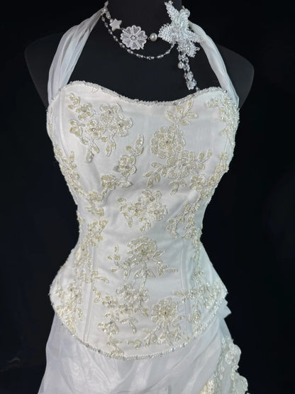 Robe de mariée bustier taille basse années 40/50, robe de bal deux pièces en tulle avec appliques, blanche, tailles petites et grandes, AS017