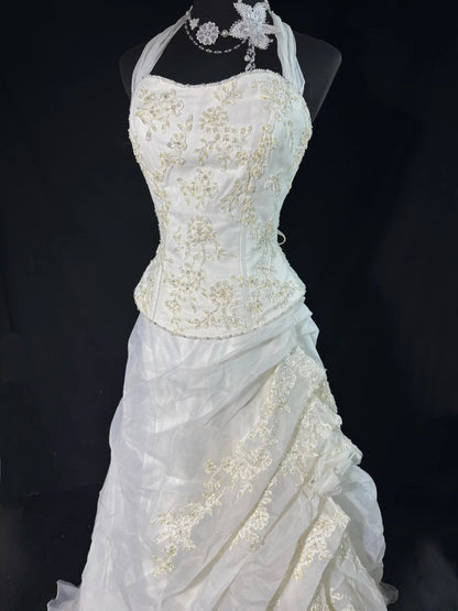 Robe de mariée bustier taille basse années 40/50, robe de bal deux pièces en tulle avec appliques, blanche, tailles petites et grandes, AS017