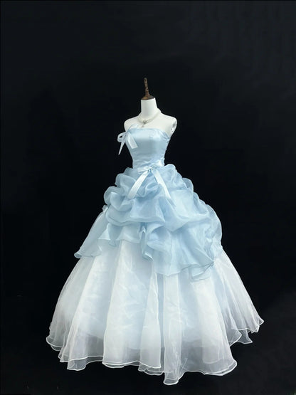 Fairytale Prom Dresses Ball Gown Strapless Light Blue With Bow Organza Evening Long Formal Dress RB7391
