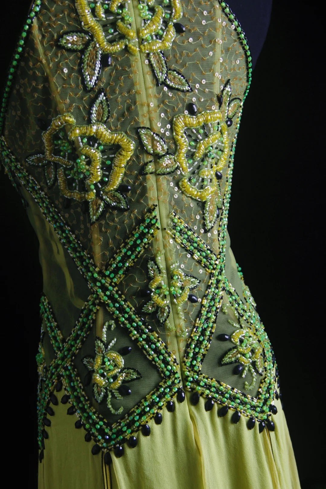 Robe de bal vintage années 90, coupe trapèze, col montant, en mousseline verte ornée de perles, robe de soirée longue AS018