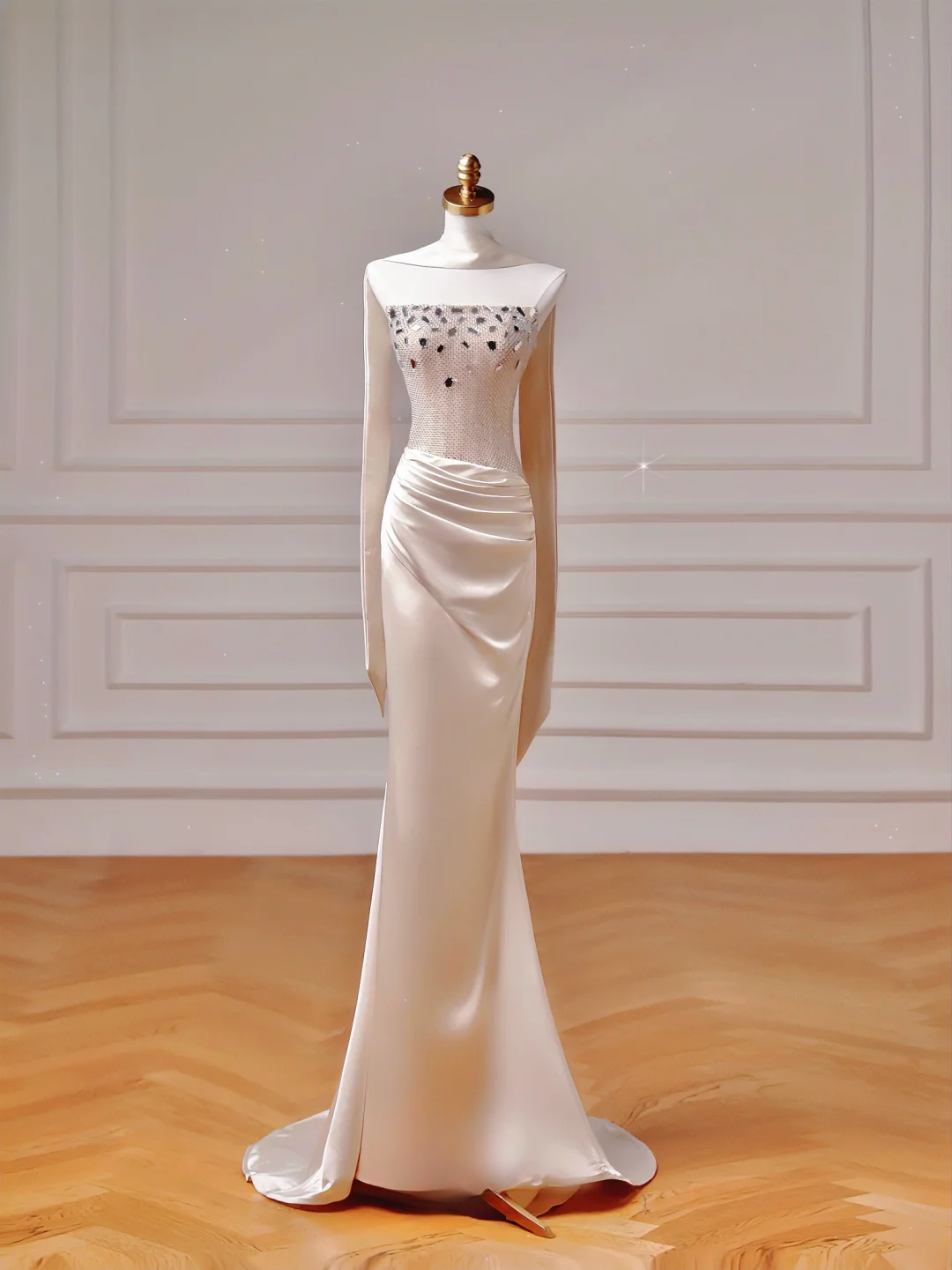 Robe de bal chic et élégante, coupe sirène bustier, en satin rose poudré avec foulard plissé. Inspiration pour une robe de soirée longue et élégante, idéale pour les adolescentes et les lycéennes (AQ018).