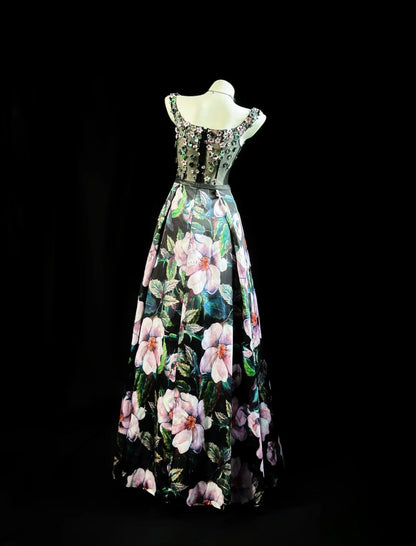 Refined Prom Dresses A line Square Neck Floral Satin With Flowers Evening Dress Formal Outfits RB5828