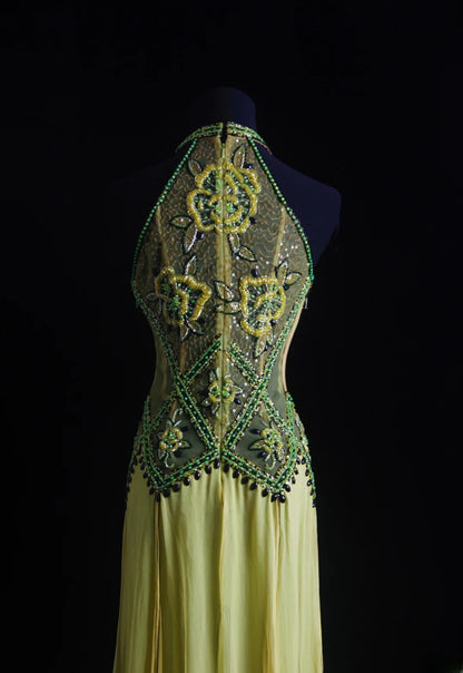 Robe de bal vintage années 90, coupe trapèze, col montant, en mousseline verte ornée de perles, robe de soirée longue AS018