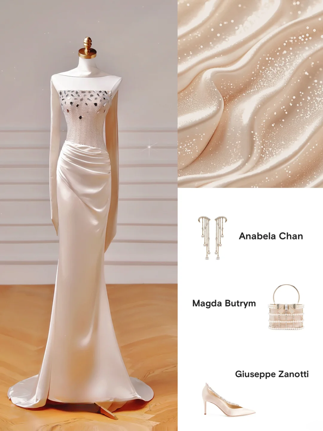 Robe de bal chic et élégante, coupe sirène bustier, en satin rose poudré avec foulard plissé. Inspiration pour une robe de soirée longue et élégante, idéale pour les adolescentes et les lycéennes (AQ018).