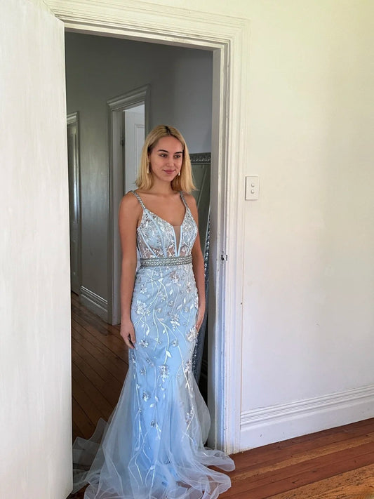 Modest Mermaid Spaghetti Strap Light Sky Blue Tulle Corset Back Evening Dresses High School Teens Senior Night Dance Prom Outfits AS018