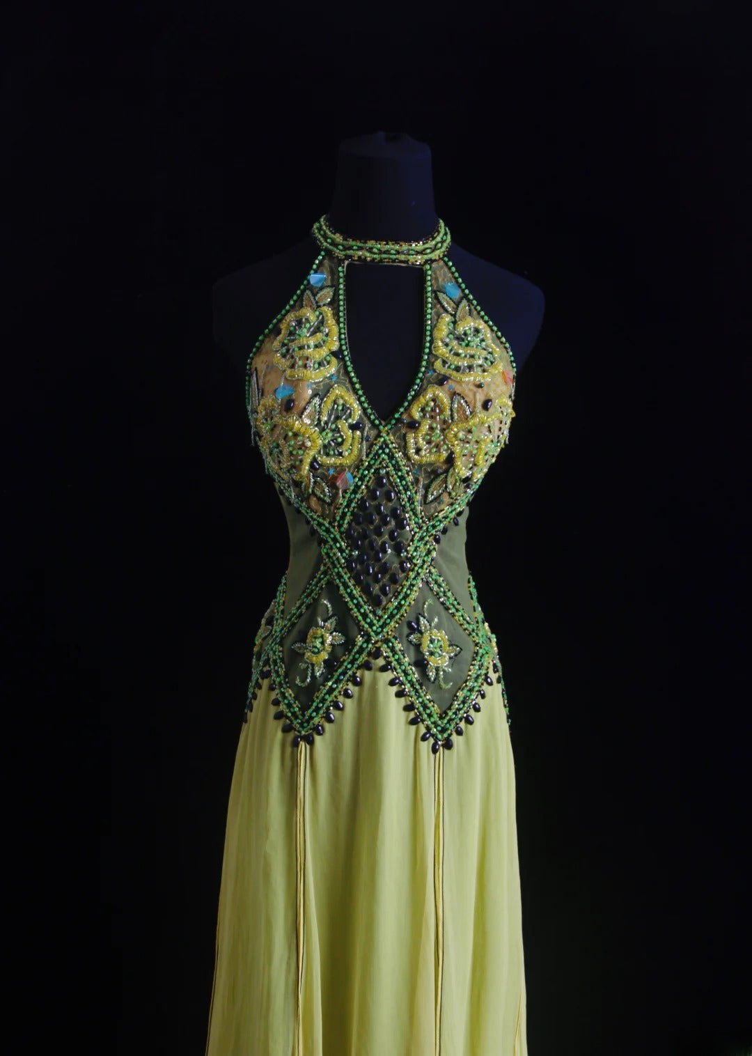 Robe de bal vintage années 90, coupe trapèze, col montant, en mousseline verte ornée de perles, robe de soirée longue AS018