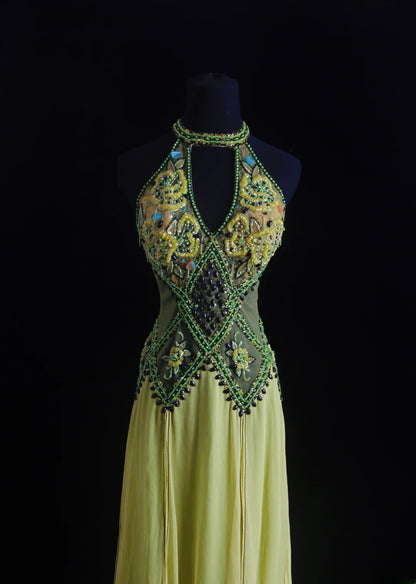 Robe de bal vintage années 90, coupe trapèze, col montant, en mousseline verte ornée de perles, robe de soirée longue AS018