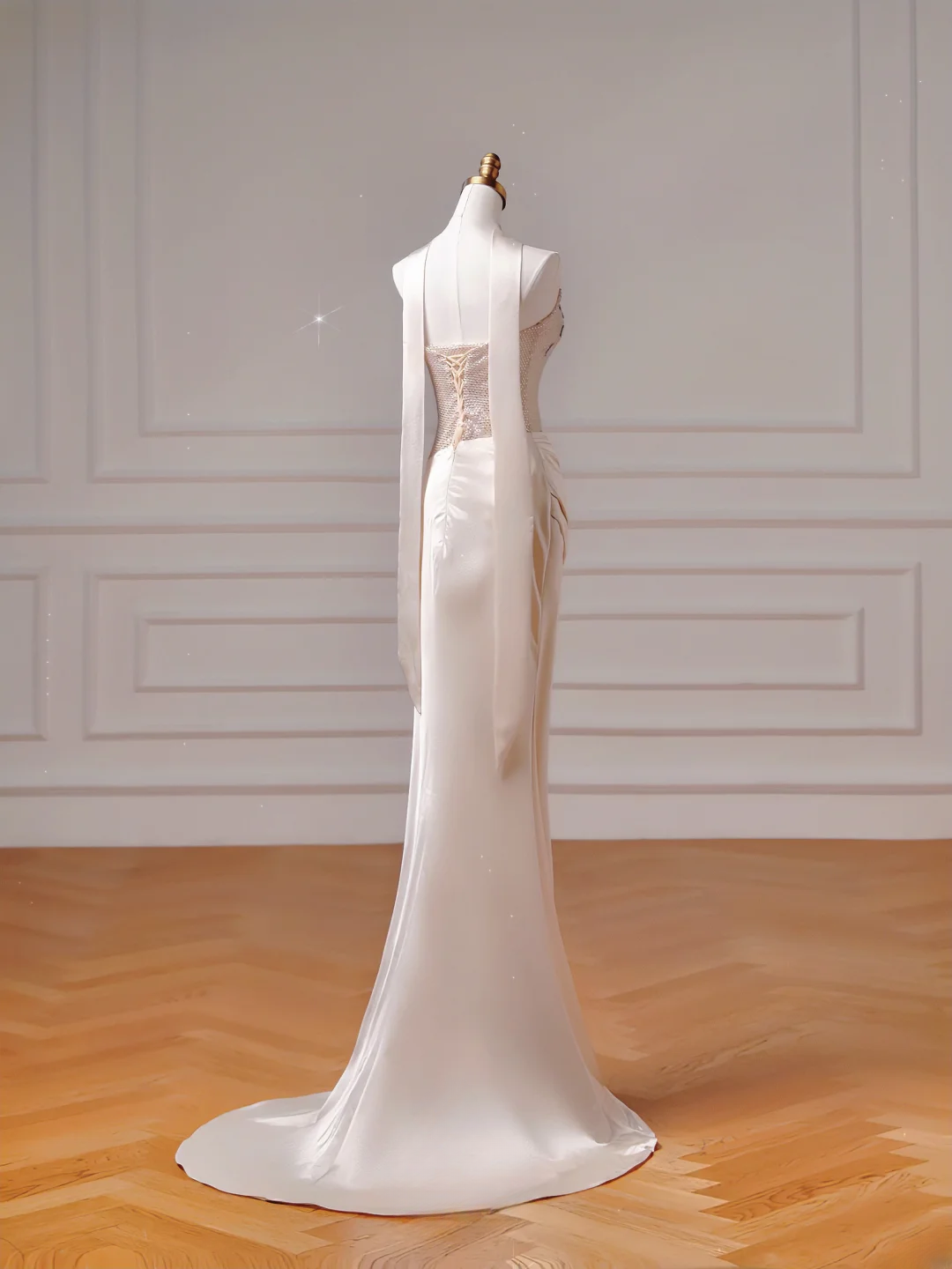 Robe de bal chic et élégante, coupe sirène bustier, en satin rose poudré avec foulard plissé. Inspiration pour une robe de soirée longue et élégante, idéale pour les adolescentes et les lycéennes (AQ018).