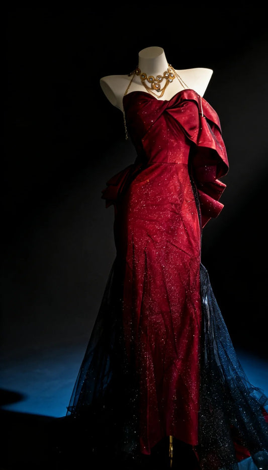 Robe de bal longue sirène unique en satin bordeaux avec bustier en tulle noir, idéale pour un 20e anniversaire ou toute autre occasion spéciale (AS018).