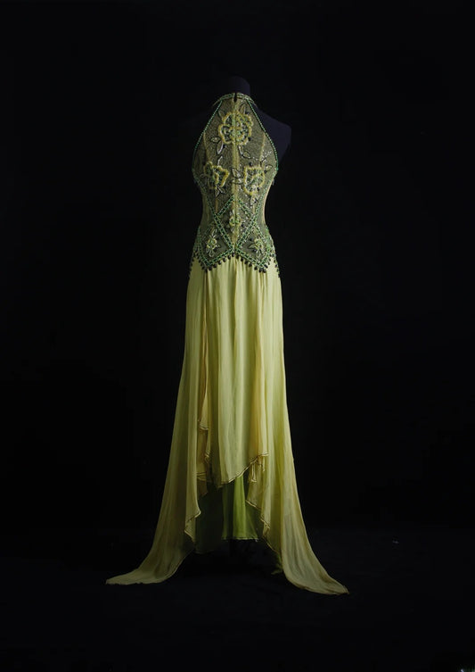 Vintage Prom Dresses 90s Formal A line High Neck Green Chiffon With Beadings Long Party Gowns Prom Dresses AS018
