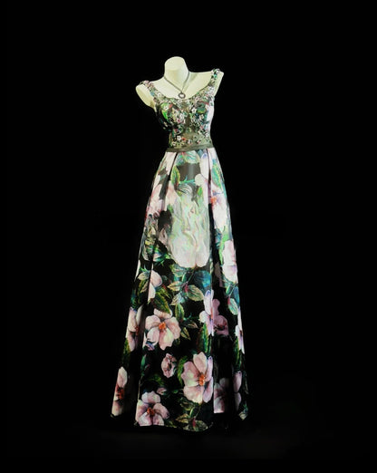 Refined Prom Dresses A line Square Neck Floral Satin With Flowers Evening Dress Formal Outfits RB5828