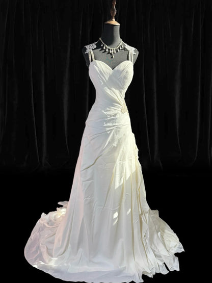 Robe de mariée vaporeuse, robe de mariée trapèze à bretelles spaghetti, satin blanc, tailles petites et grandes, ornée de perles, AS018