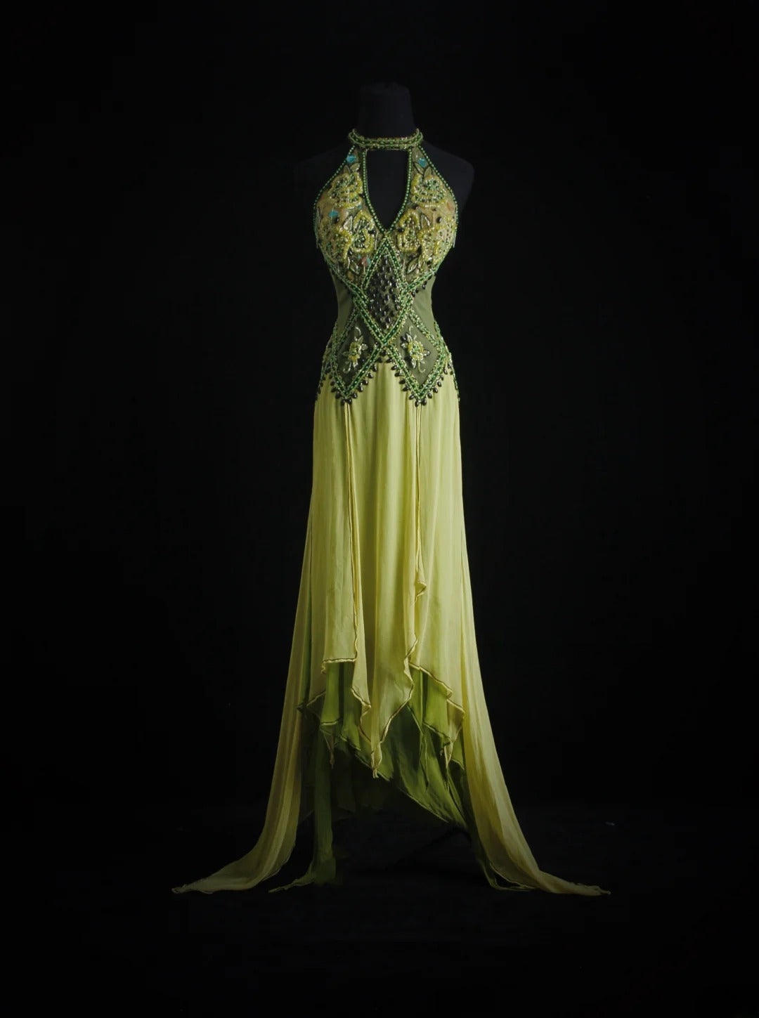 Robe de bal vintage années 90, coupe trapèze, col montant, en mousseline verte ornée de perles, robe de soirée longue AS018