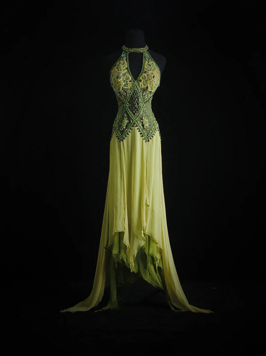Vintage Prom Dresses 90s Formal A line High Neck Green Chiffon With Beadings Long Party Gowns Prom Dresses AS018