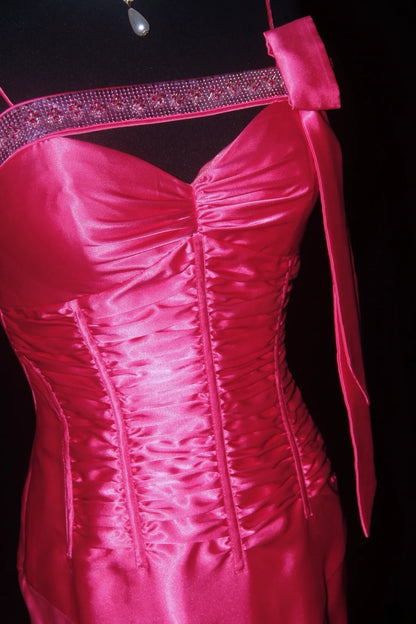 Robe de bal vintage années 90, coupe sirène, bretelles spaghetti, satin rose fuchsia orné de perles, robe de soirée longue AS019