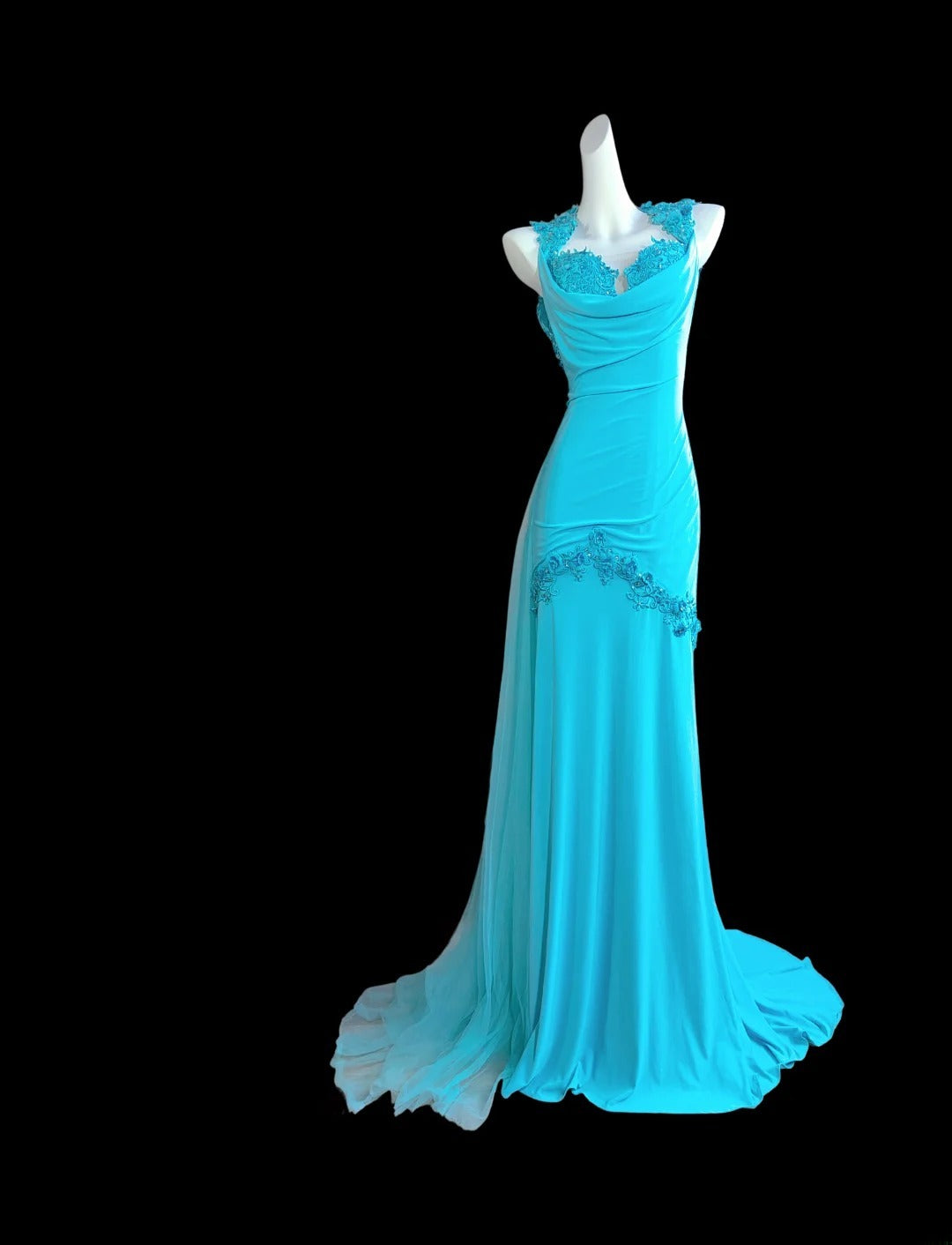 Elegantes, ärmelloses, langes Meerjungfrauen-Halterkleid in Blau mit offenem Rücken – perfekt für Abschlussball und Abiball (AS019)