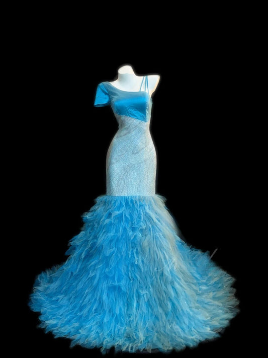 Modest Prom Dresses Mermaid Blue With Ruffles Tulle Long Evening Formal Outfits RB3361