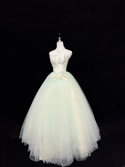 Fairytale Prom Dresses Ball Gown Strapless Mint Green Tulle With Flowers Evening Long Formal Dress RB7393