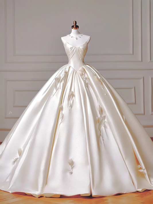 Princess Long Wedding Gowns Ball Gown Sweetheart Pleated Satin for Bride With Removable Sleeves White Bridal Dress AQ019