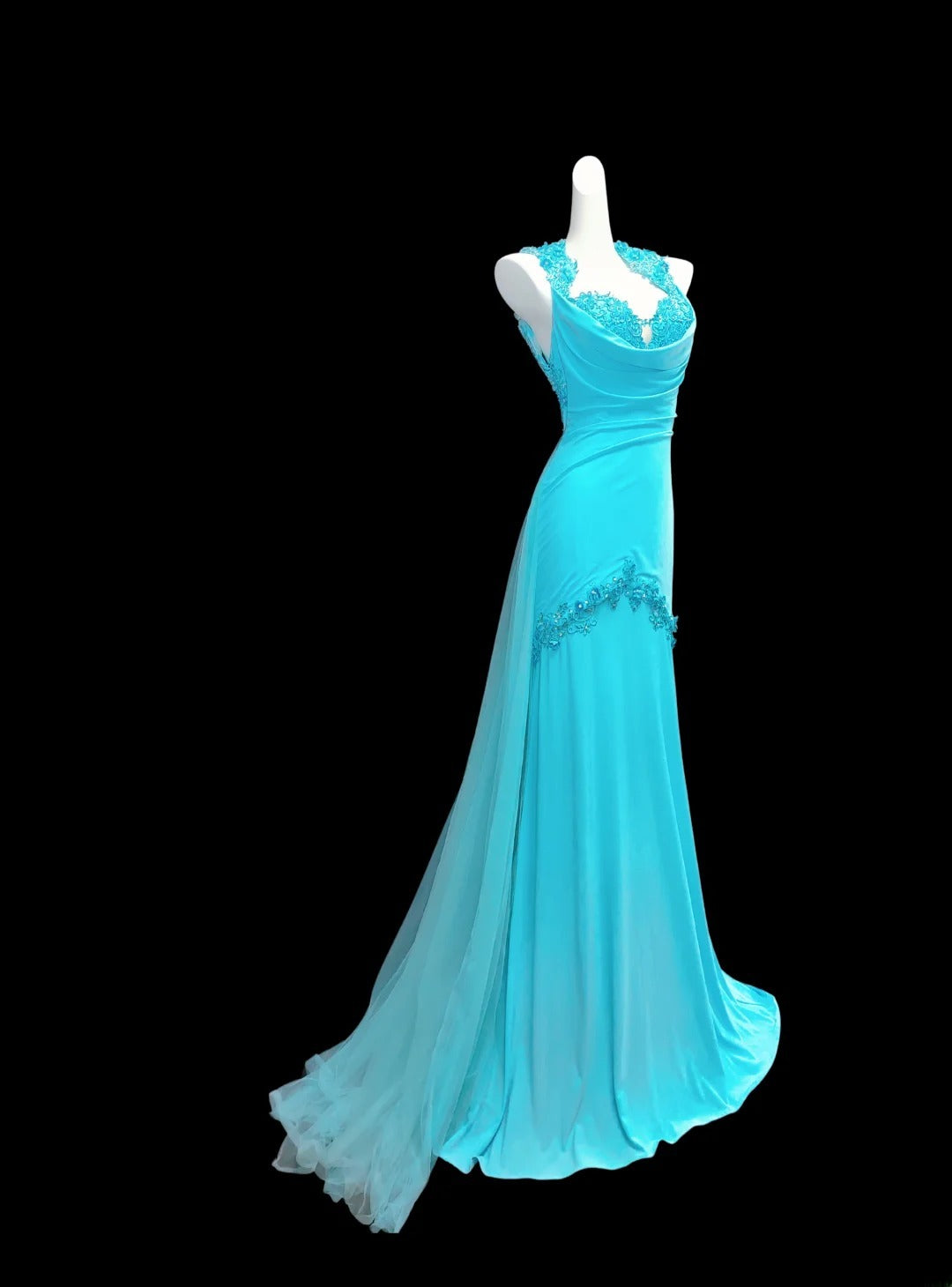Elegantes, ärmelloses, langes Meerjungfrauen-Halterkleid in Blau mit offenem Rücken – perfekt für Abschlussball und Abiball (AS019)