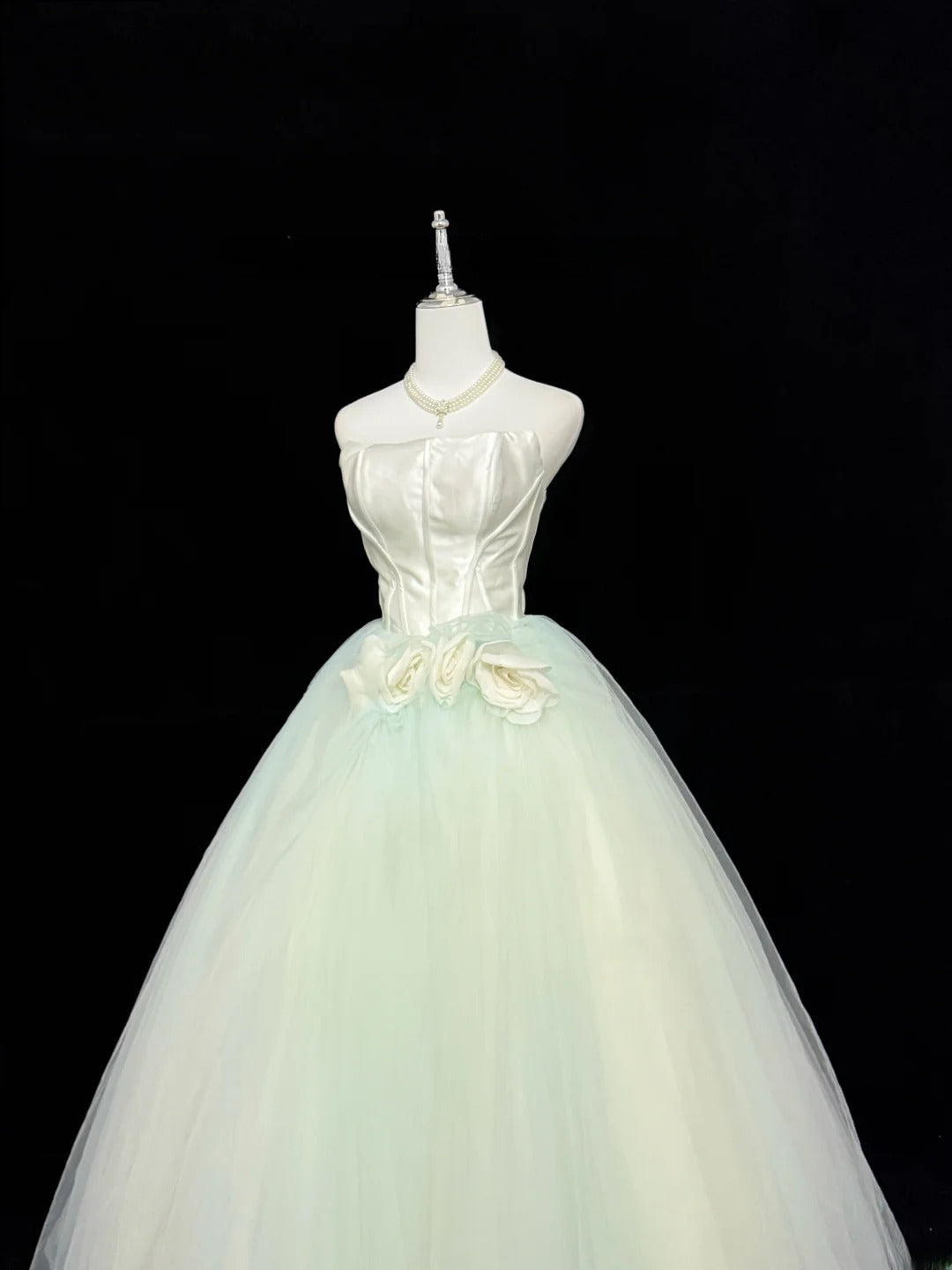 Fairytale Prom Dresses Ball Gown Strapless Mint Green Tulle With Flowers Evening Long Formal Dress RB7393