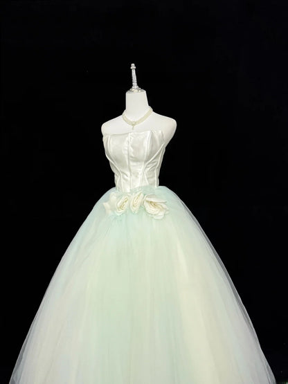 Fairytale Prom Dresses Ball Gown Strapless Mint Green Tulle With Flowers Evening Long Formal Dress RB7393