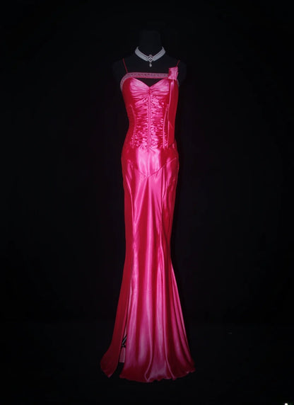Robe de bal vintage années 90, coupe sirène, bretelles spaghetti, satin rose fuchsia orné de perles, robe de soirée longue AS019