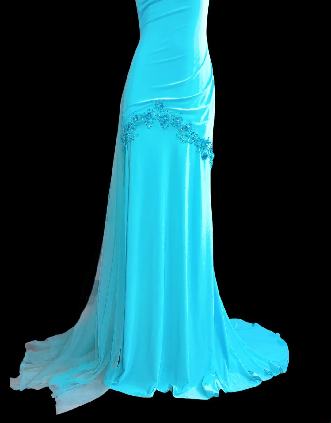 Elegantes, ärmelloses, langes Meerjungfrauen-Halterkleid in Blau mit offenem Rücken – perfekt für Abschlussball und Abiball (AS019)