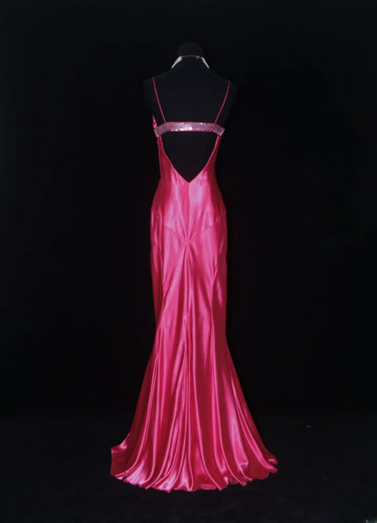 Robe de bal vintage années 90, coupe sirène, bretelles spaghetti, satin rose fuchsia orné de perles, robe de soirée longue AS019