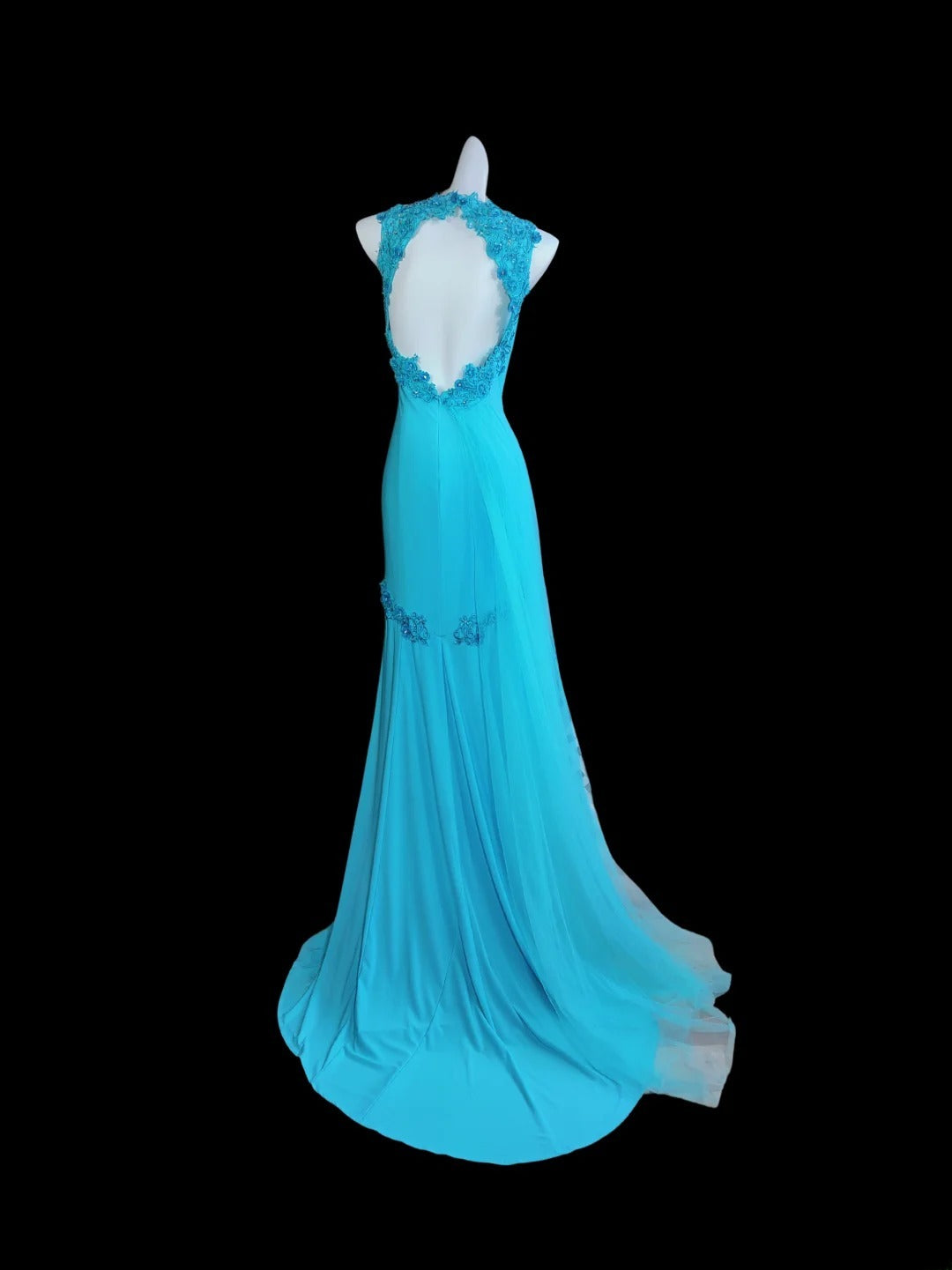 Elegantes, ärmelloses, langes Meerjungfrauen-Halterkleid in Blau mit offenem Rücken – perfekt für Abschlussball und Abiball (AS019)