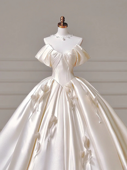 Robe de mariée longue de princesse, robe de bal, décolleté cœur, plissée en satin, manches amovibles, robe de mariée blanche AQ019